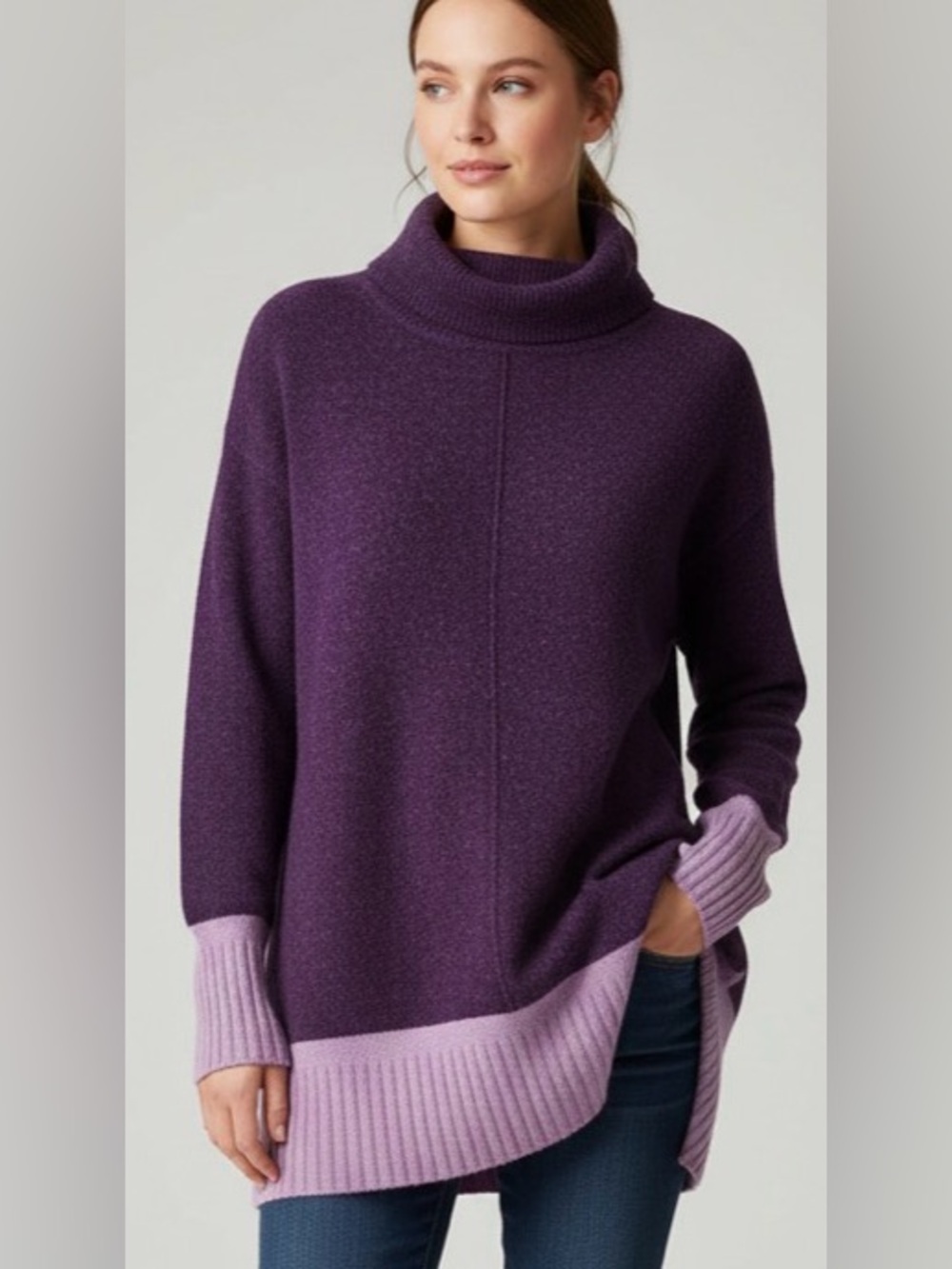 Cozy Two-Tone Purple Turtleneck Tunic Sweater or short dress